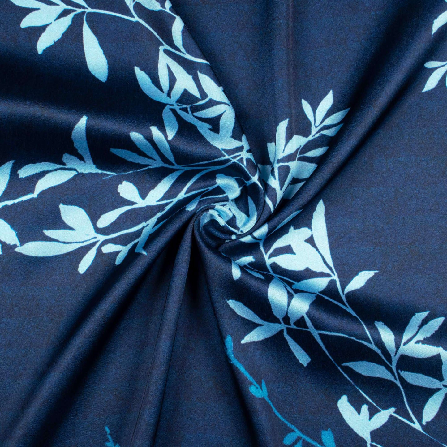 Prussian Blue Leaf Pattern Digital Print Japan Satin Fabric - Fabcurate