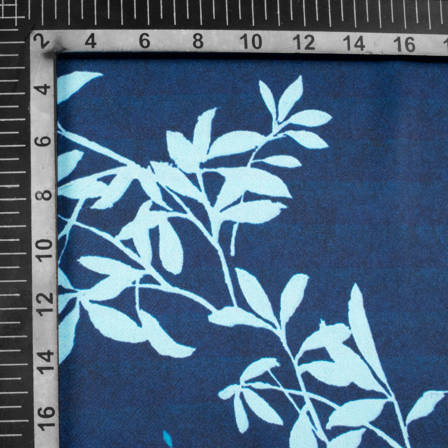 Prussian Blue Leaf Pattern Digital Print Japan Satin Fabric - Fabcurate