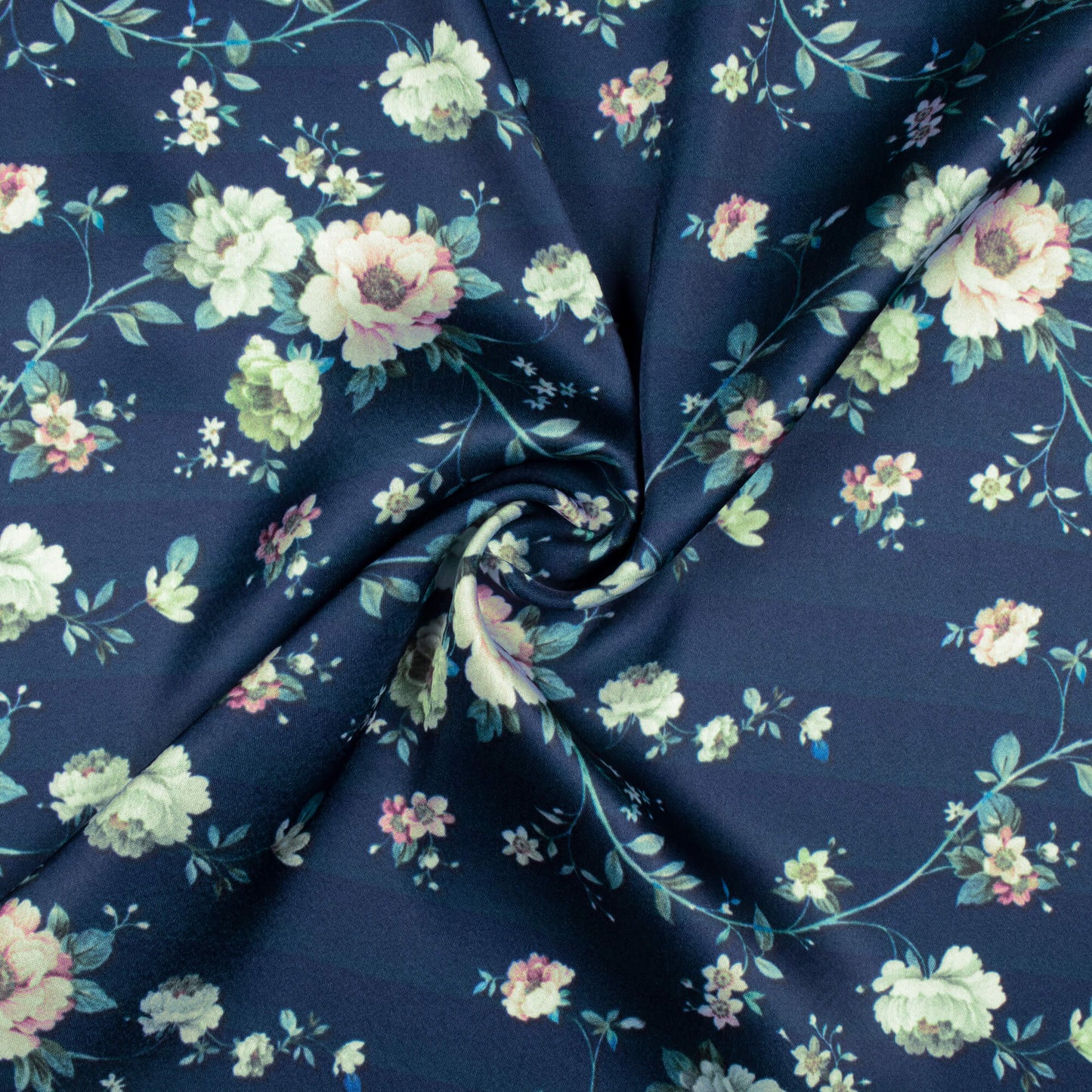 Navy Blue And Taffy Pink Floral Pattern Digital Print Japan Satin Fabric - Fabcurate