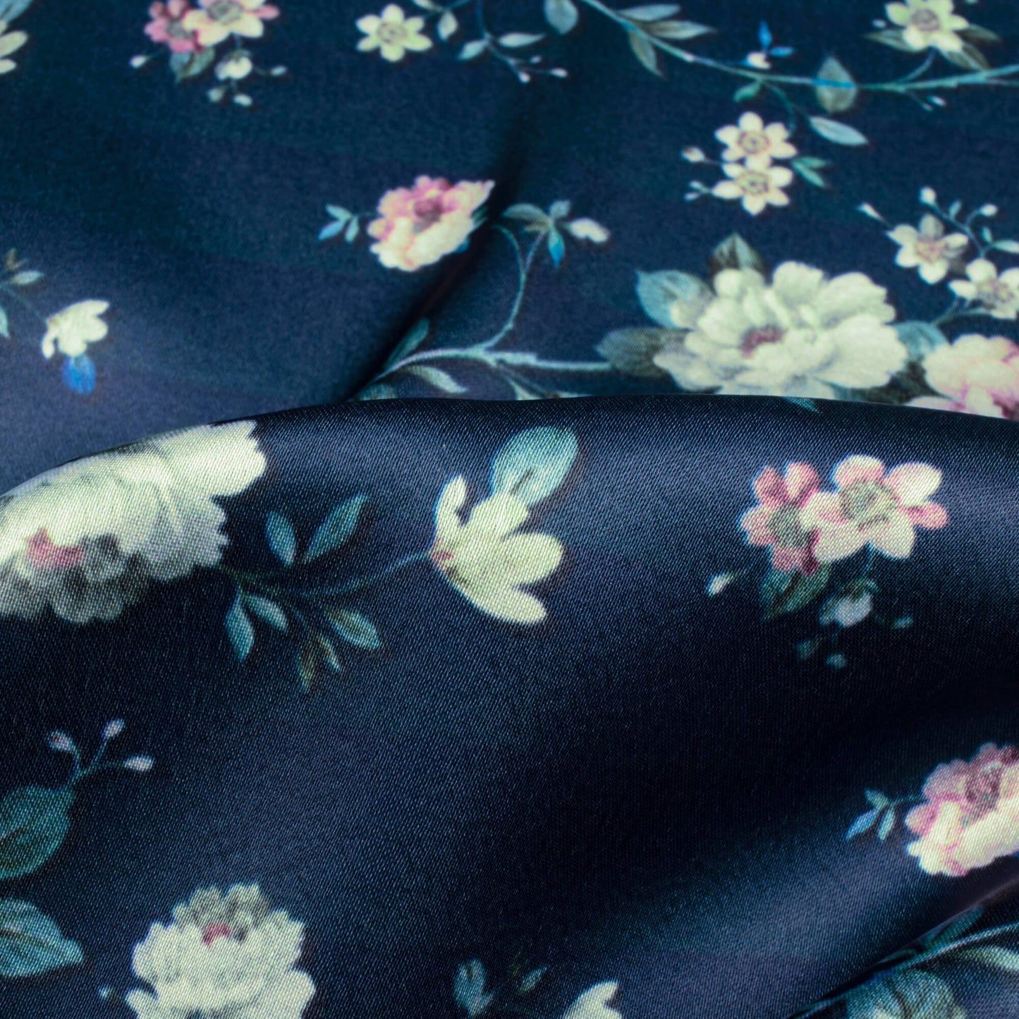 Navy Blue And Taffy Pink Floral Pattern Digital Print Japan Satin Fabric - Fabcurate