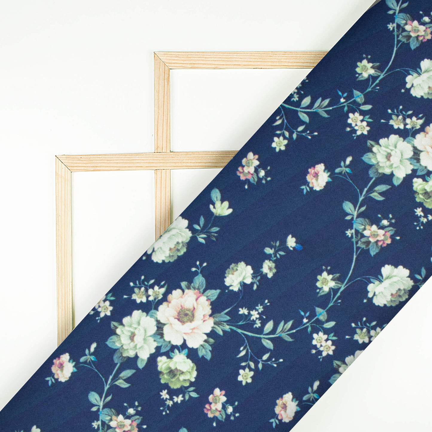 Navy Blue And Taffy Pink Floral Pattern Digital Print Japan Satin Fabric - Fabcurate