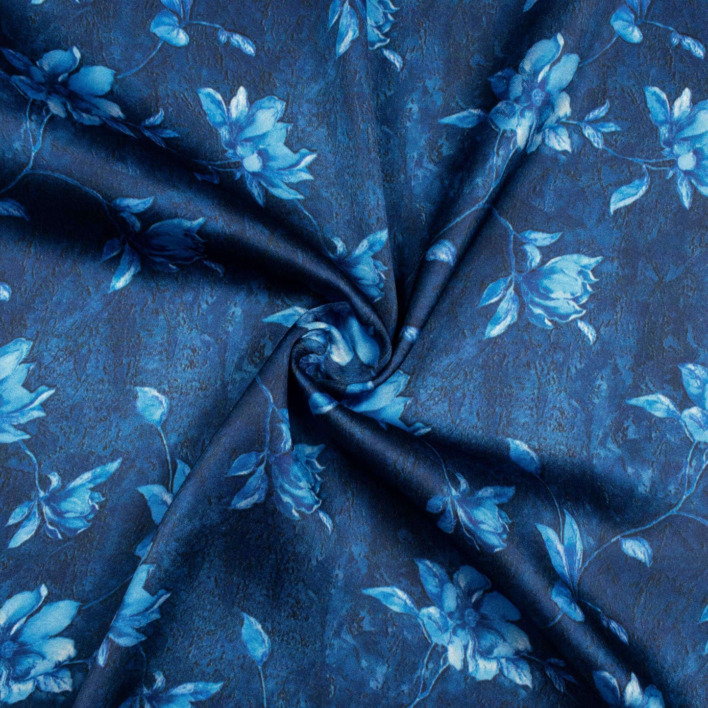 Prussian Blue Floral Pattern Digital Print Japan Satin Fabric - Fabcurate