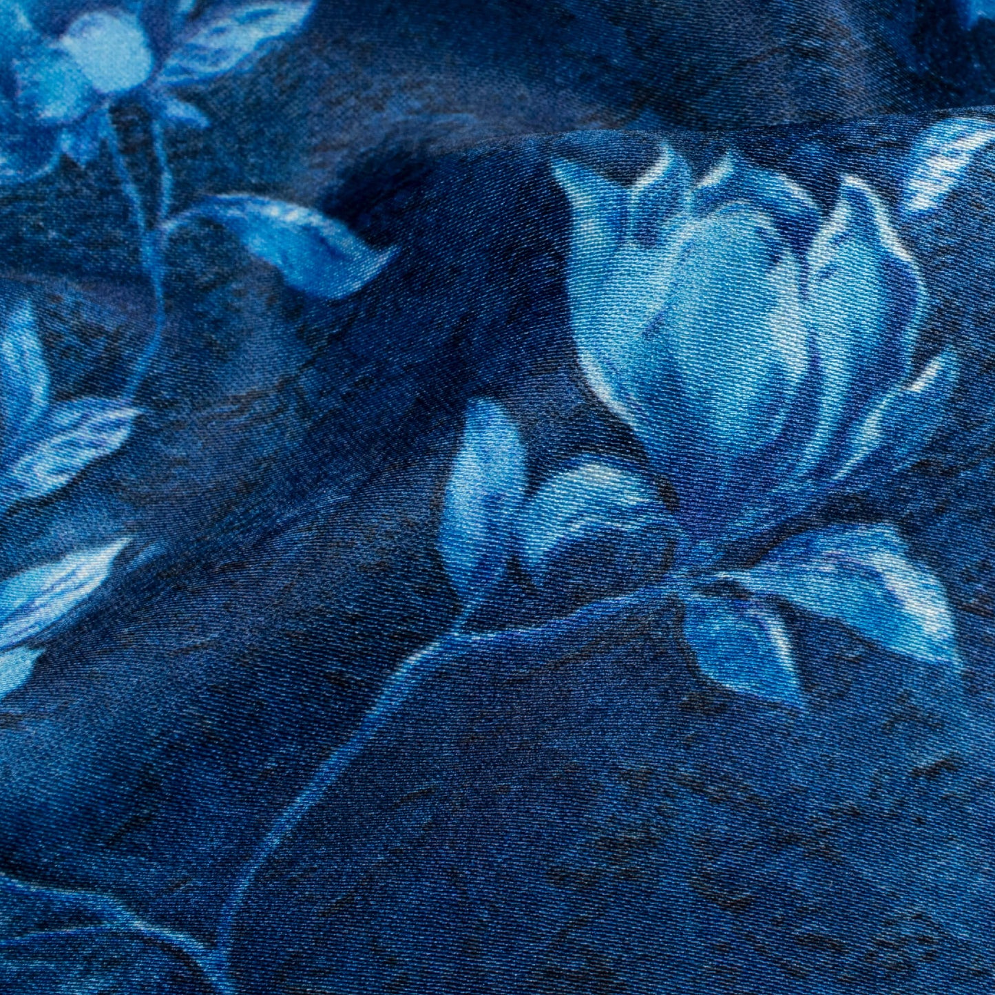 Prussian Blue Floral Pattern Digital Print Japan Satin Fabric - Fabcurate