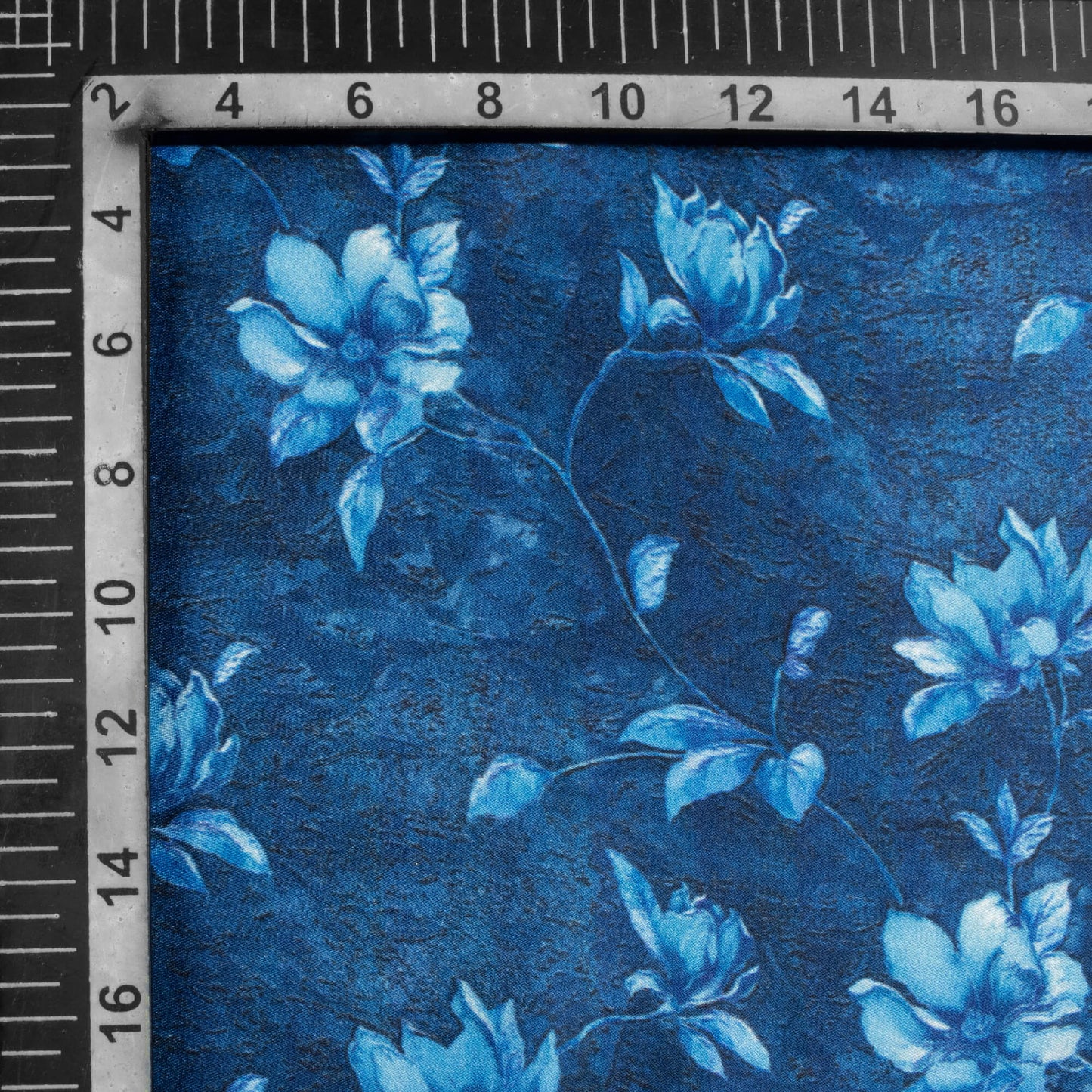 Prussian Blue Floral Pattern Digital Print Japan Satin Fabric - Fabcurate