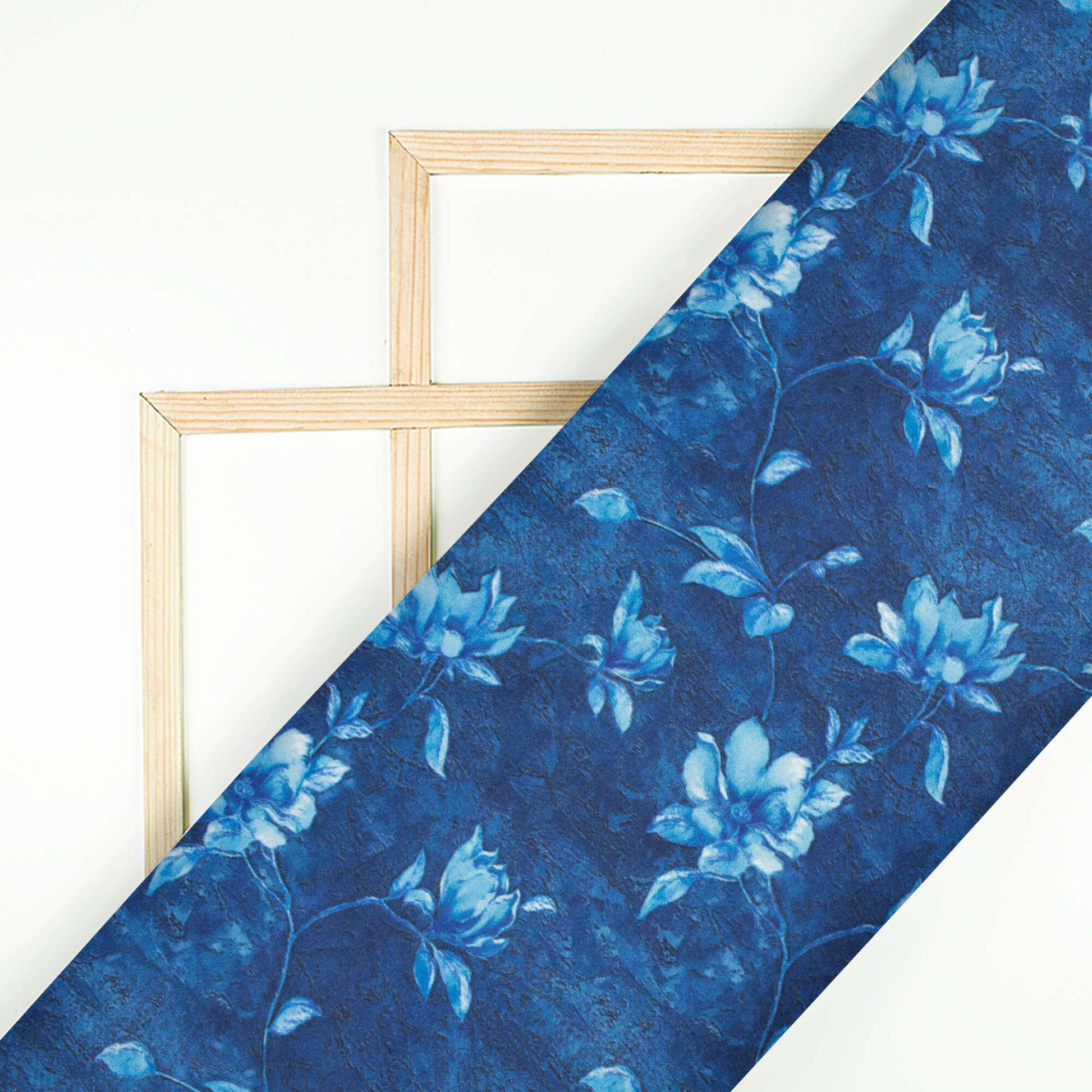 Prussian Blue Floral Pattern Digital Print Japan Satin Fabric - Fabcurate