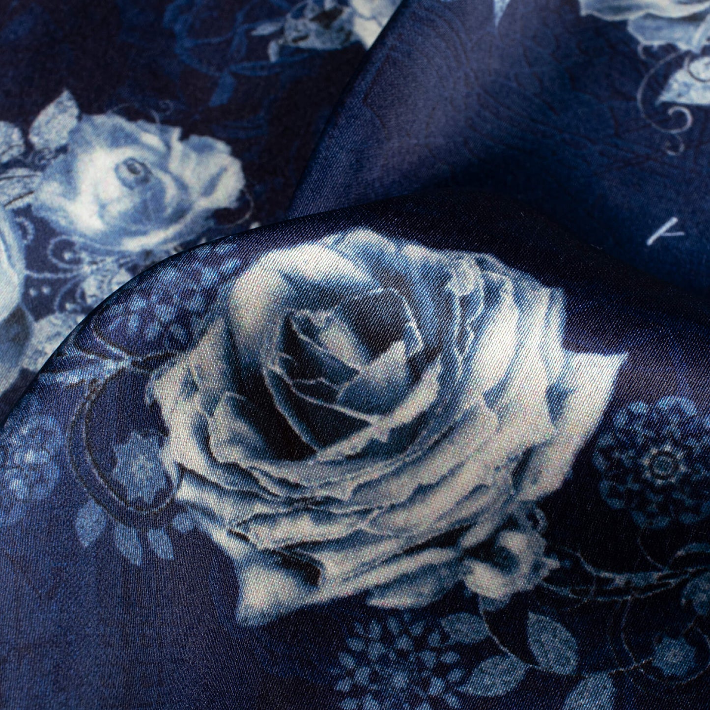 Prussian Blue And Pearl White Floral Pattern Digital Print Japan Satin Fabric