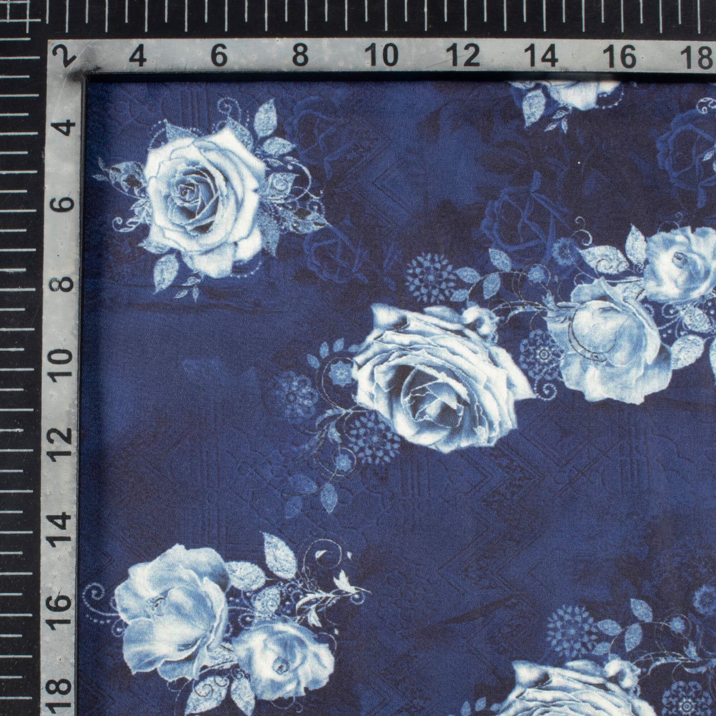 Prussian Blue And Pearl White Floral Pattern Digital Print Japan Satin Fabric