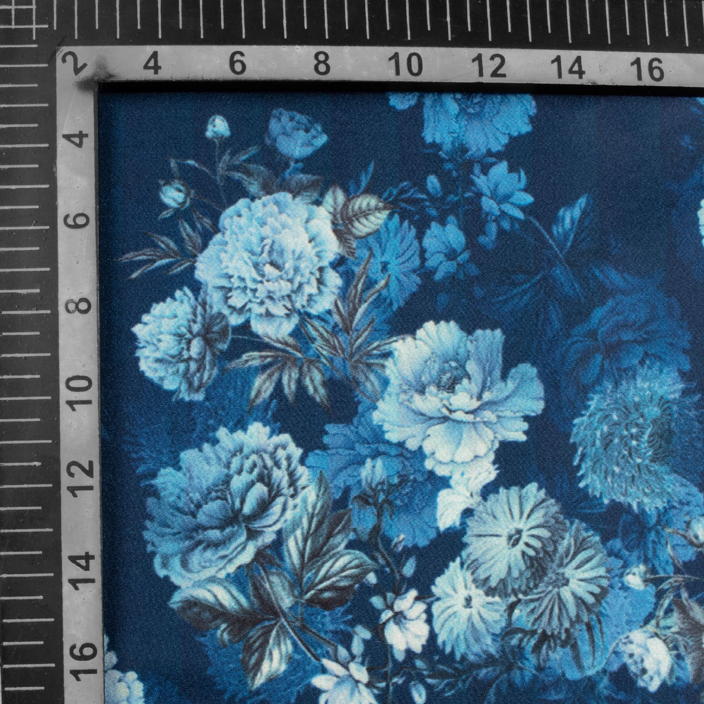 Prussian Blue And Snow White Floral Pattern Digital Print Japan Satin Fabric - Fabcurate