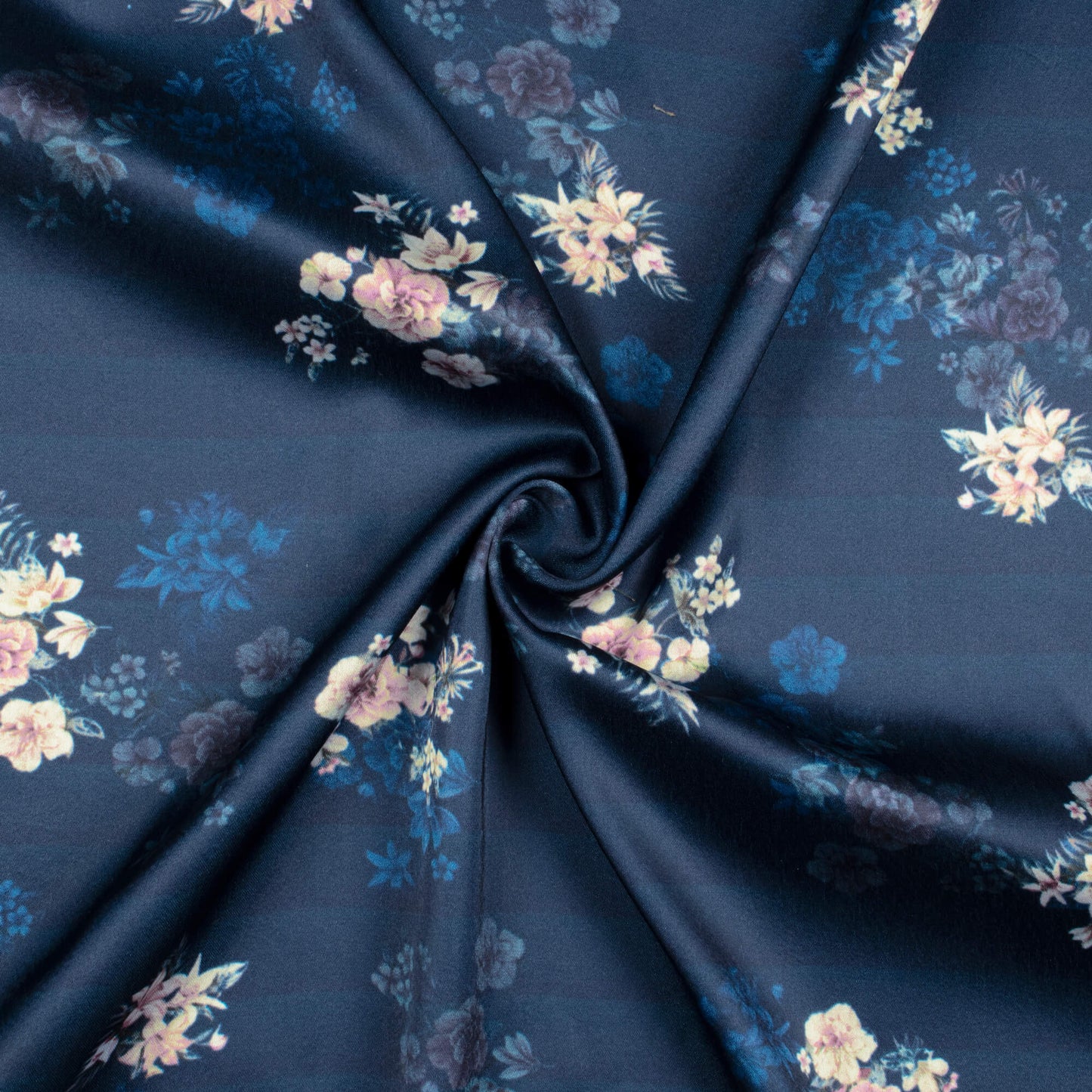 Navy Blue And Taffy Pink Floral Pattern Digital Print Japan Satin Fabric - Fabcurate