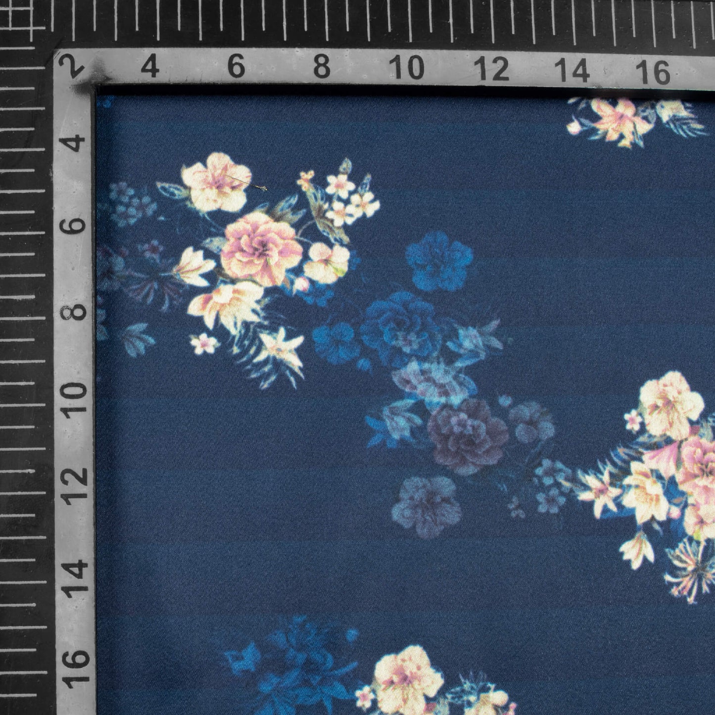 Navy Blue And Taffy Pink Floral Pattern Digital Print Japan Satin Fabric - Fabcurate