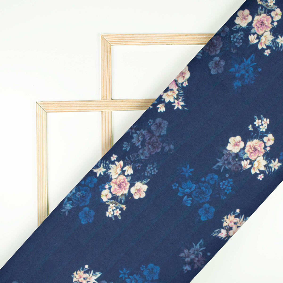 Navy Blue And Taffy Pink Floral Pattern Digital Print Japan Satin Fabric - Fabcurate