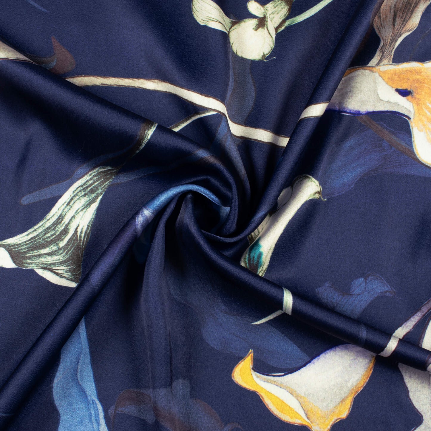 Prussian Blue And Green Leaf Pattern Digital Print Japan Satin Fabric