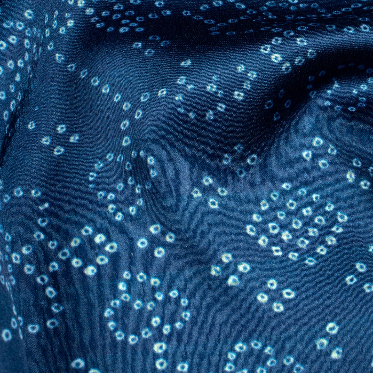 Prussian Blue Bandhani Pattern Digital Print Japan Satin Fabric - Fabcurate