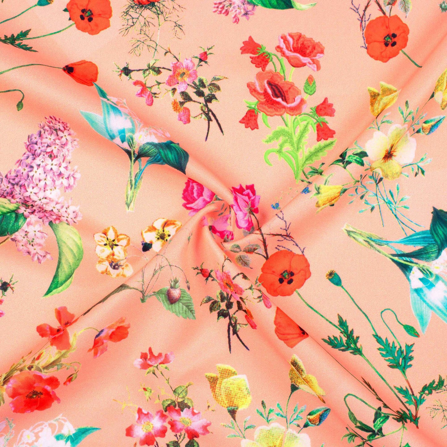 Peach And Green Floral Pattern Digital Print Ultra Premium Butter Crepe Fabric - Fabcurate