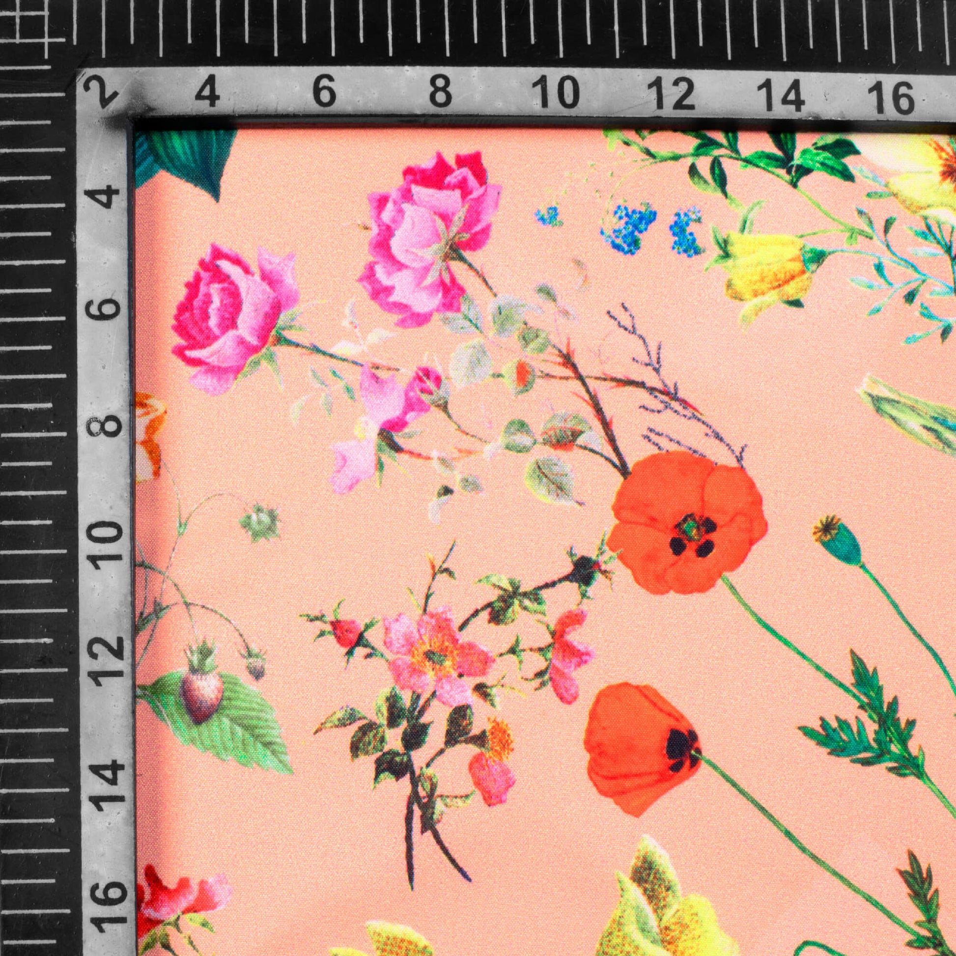 Peach And Green Floral Pattern Digital Print Ultra Premium Butter Crepe Fabric - Fabcurate