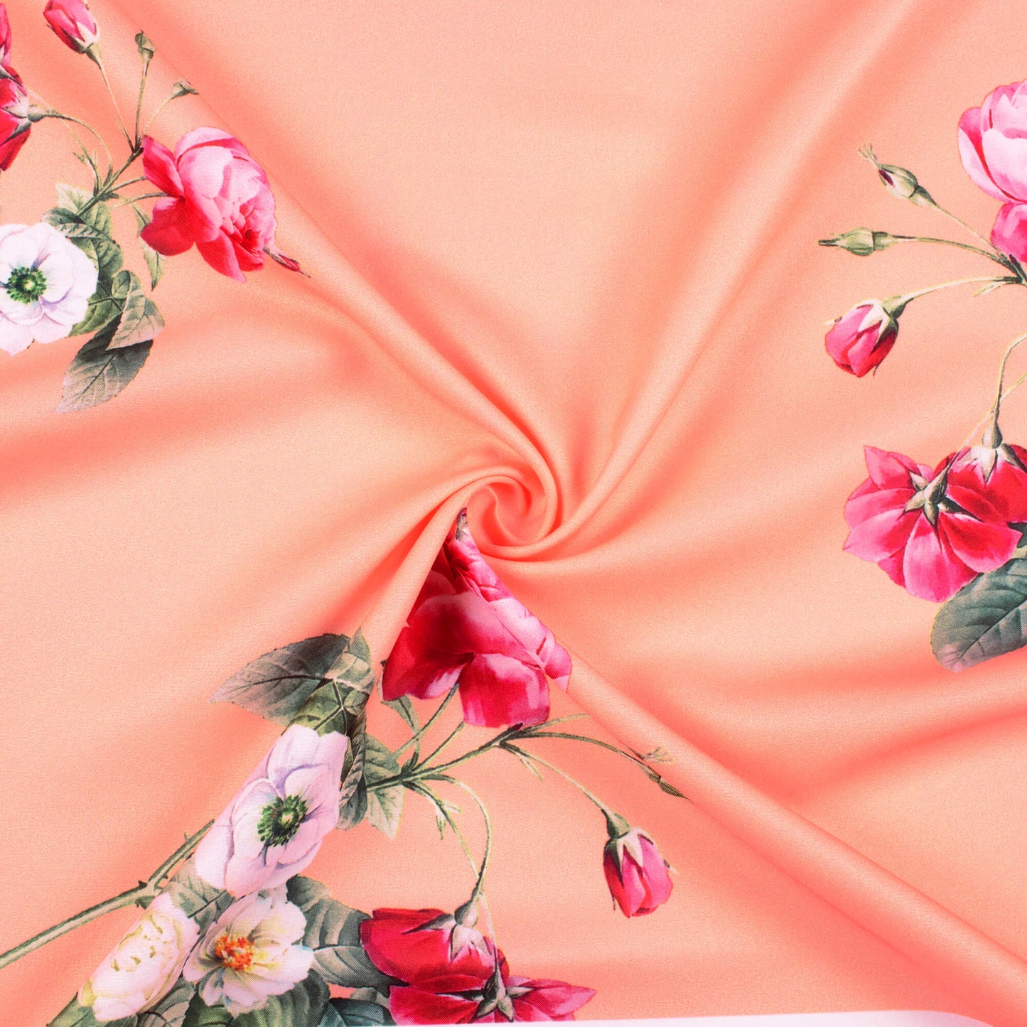 Peach And Cerise Pink Floral Pattern Digital Print Ultra Premium Butter Crepe Fabric - Fabcurate