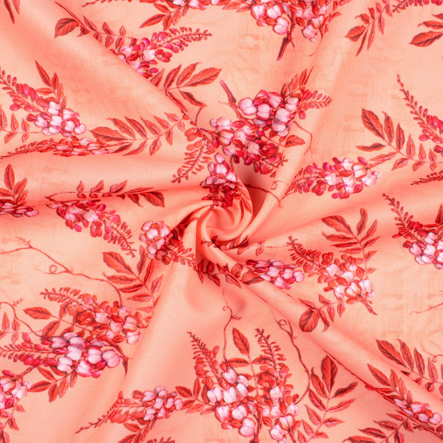 Peach And Red Leaf Pattern Digital Print Ultra Premium Butter Crepe Fabric - Fabcurate