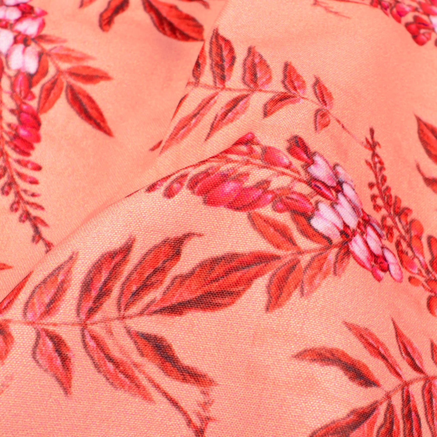 Peach And Red Leaf Pattern Digital Print Ultra Premium Butter Crepe Fabric - Fabcurate