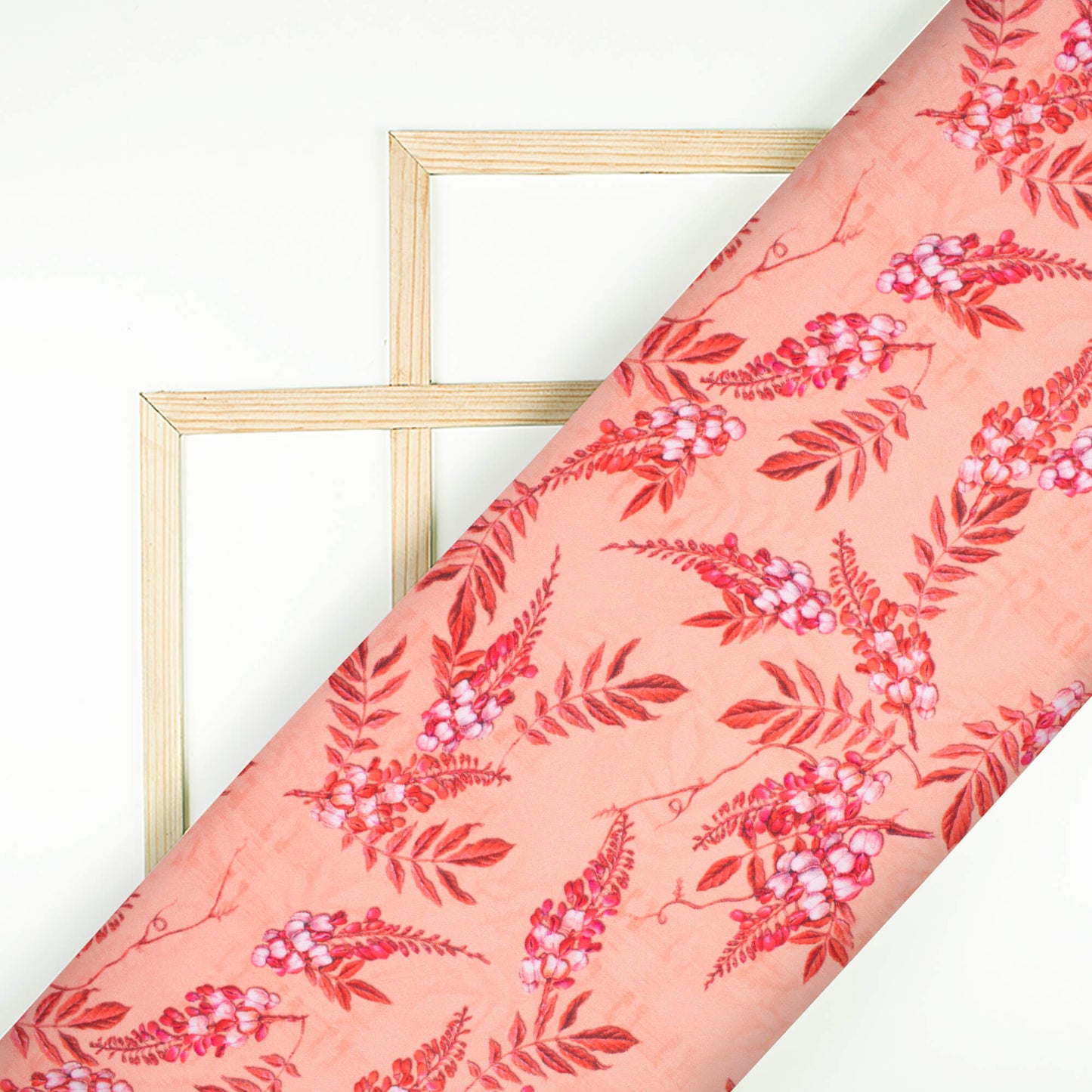 Peach And Red Leaf Pattern Digital Print Ultra Premium Butter Crepe Fabric - Fabcurate