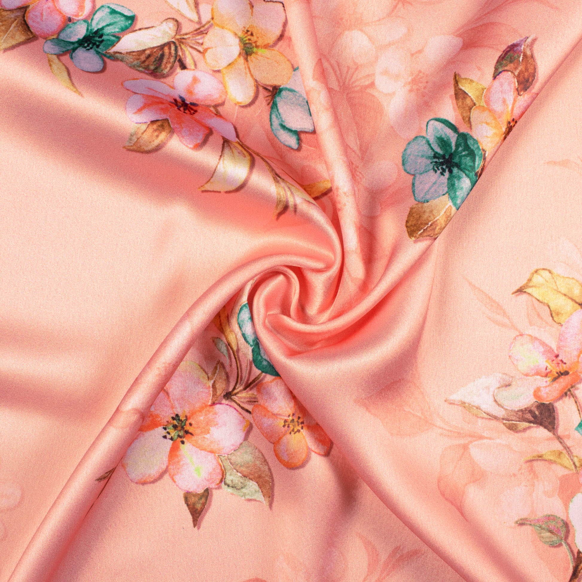 Peach And Teal Blue Floral Pattern Digital Print Japan Satin Fabric - Fabcurate