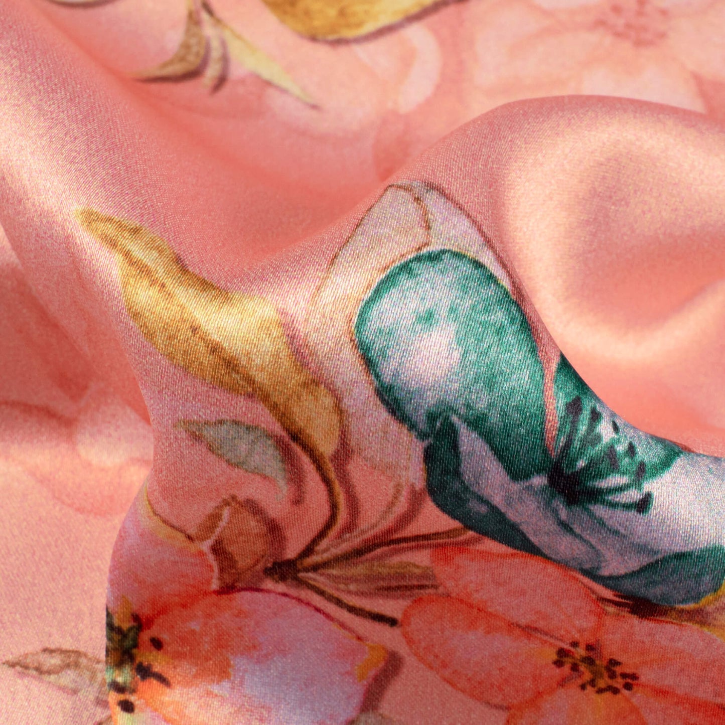 Peach And Teal Blue Floral Pattern Digital Print Japan Satin Fabric - Fabcurate