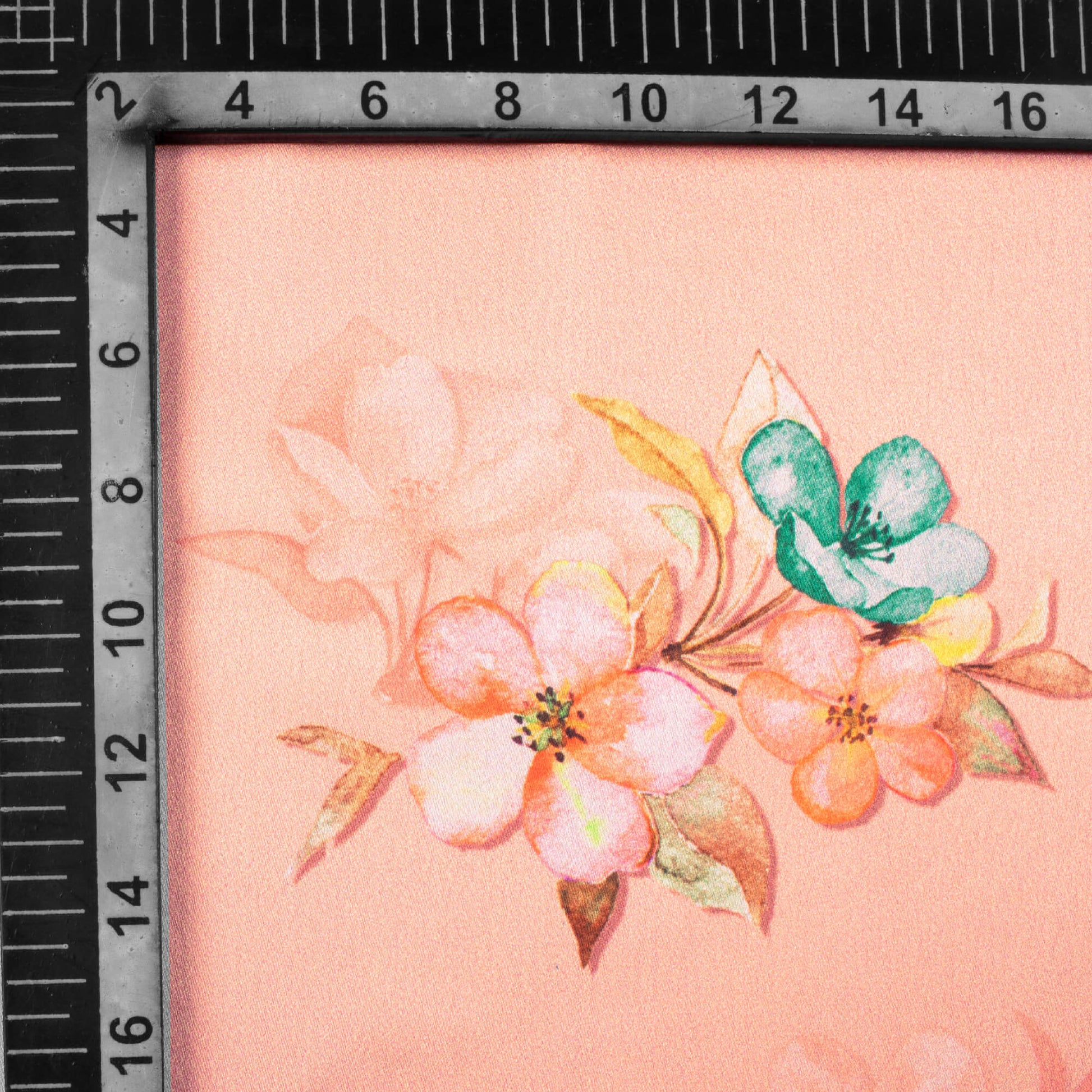 Peach And Teal Blue Floral Pattern Digital Print Japan Satin Fabric - Fabcurate