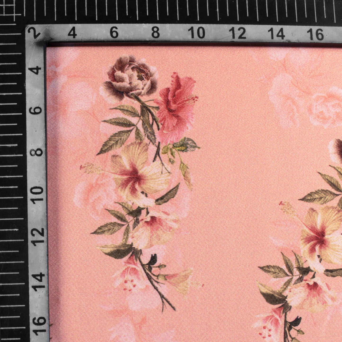 Peach And Brown Floral Pattern Digital Print Japan Satin Fabric - Fabcurate