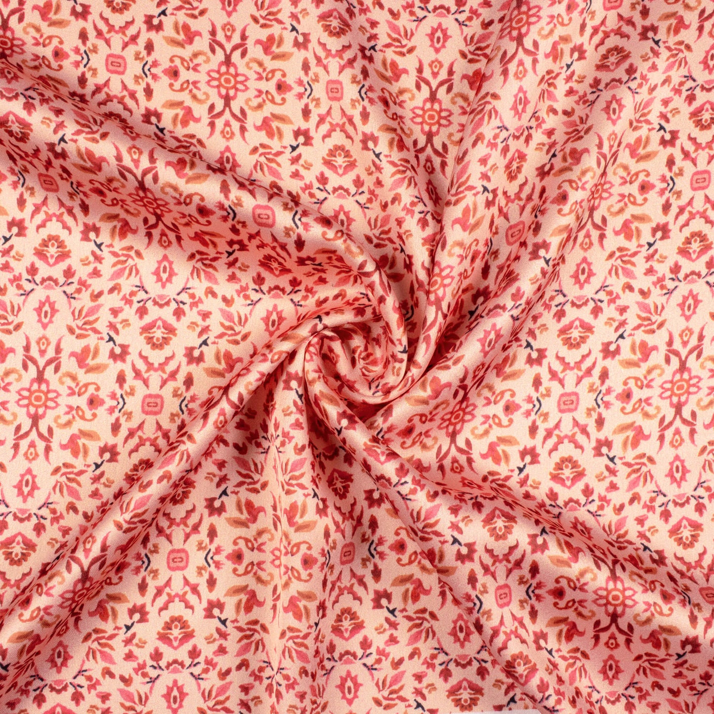 Peach And Bern Red Ethnic Pattern Digital Print Japan Satin Fabric - Fabcurate