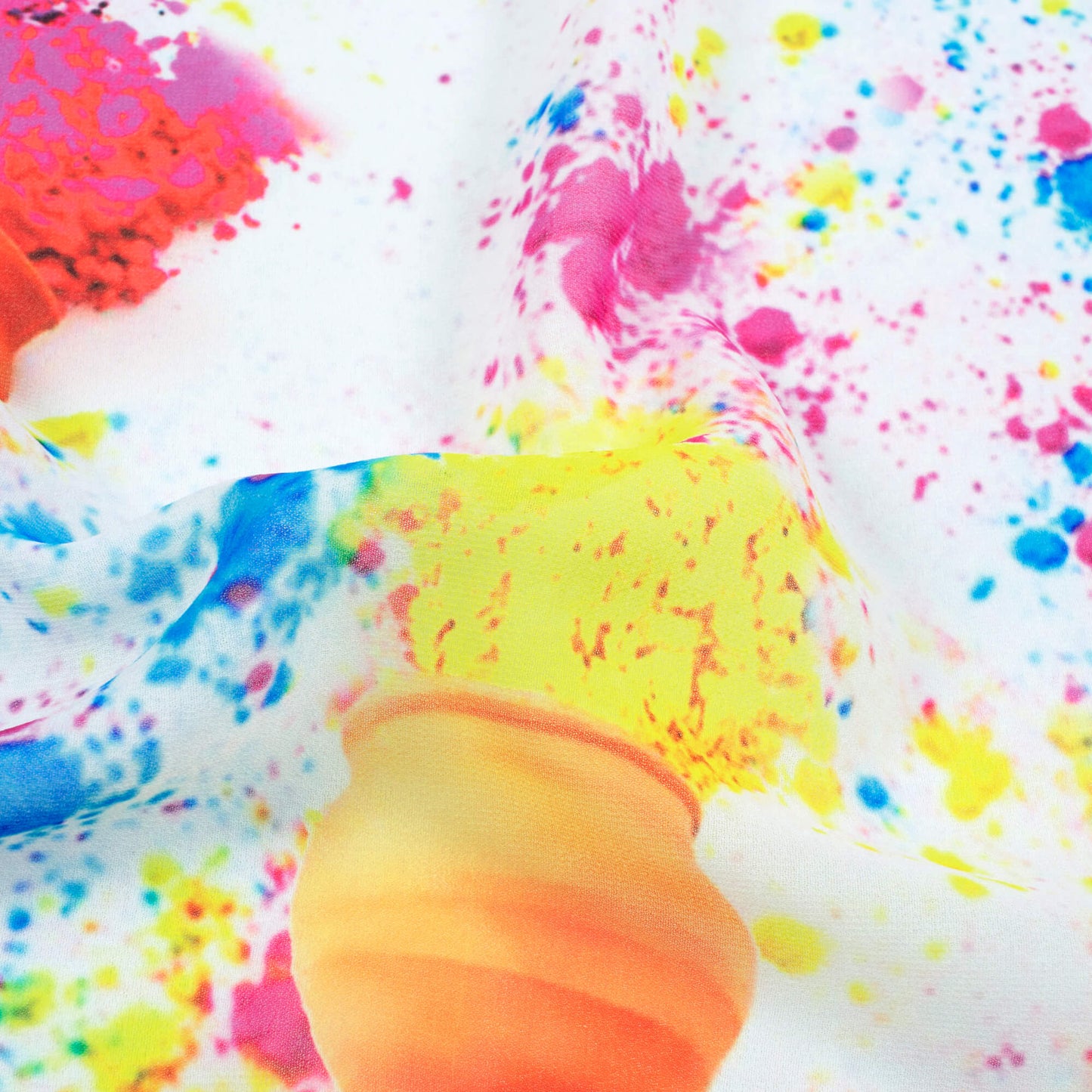 White And Yellow Holi Pattern Digital Print Georgette Fabric - Fabcurate