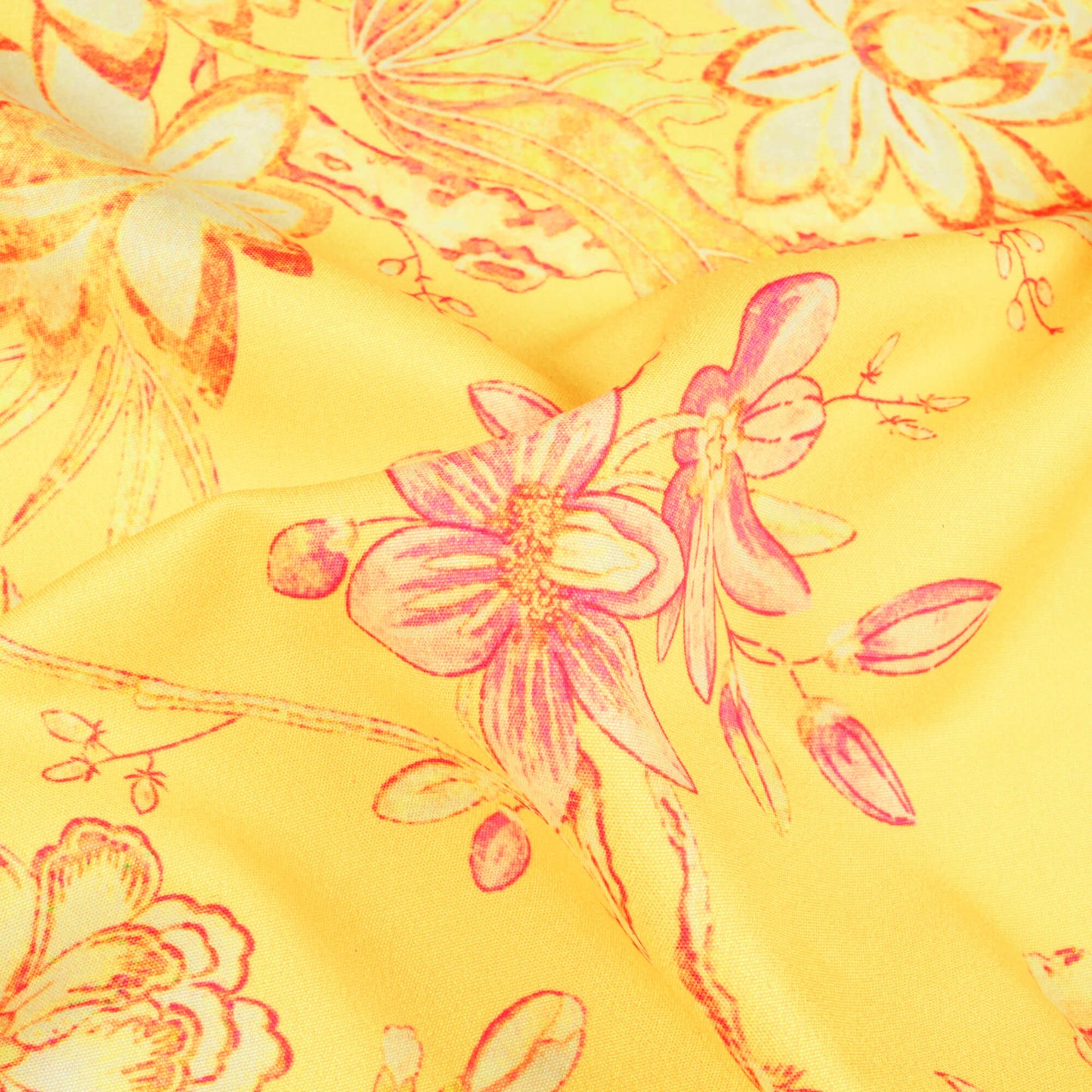 Mellow Yellow And Rose Pink Floral Pattern Digital Print Ultra Premium Butter Crepe Fabric