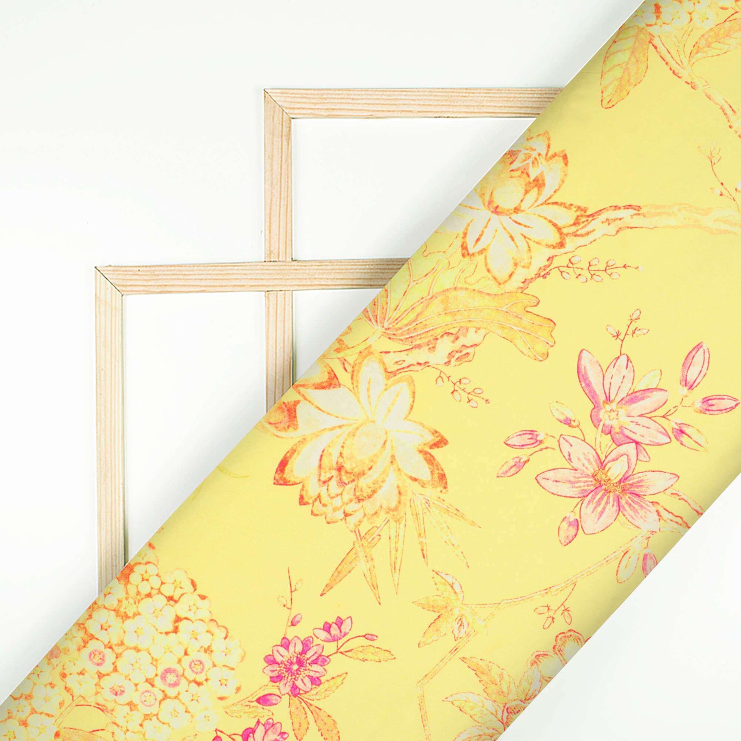 Mellow Yellow And Rose Pink Floral Pattern Digital Print Ultra Premium Butter Crepe Fabric