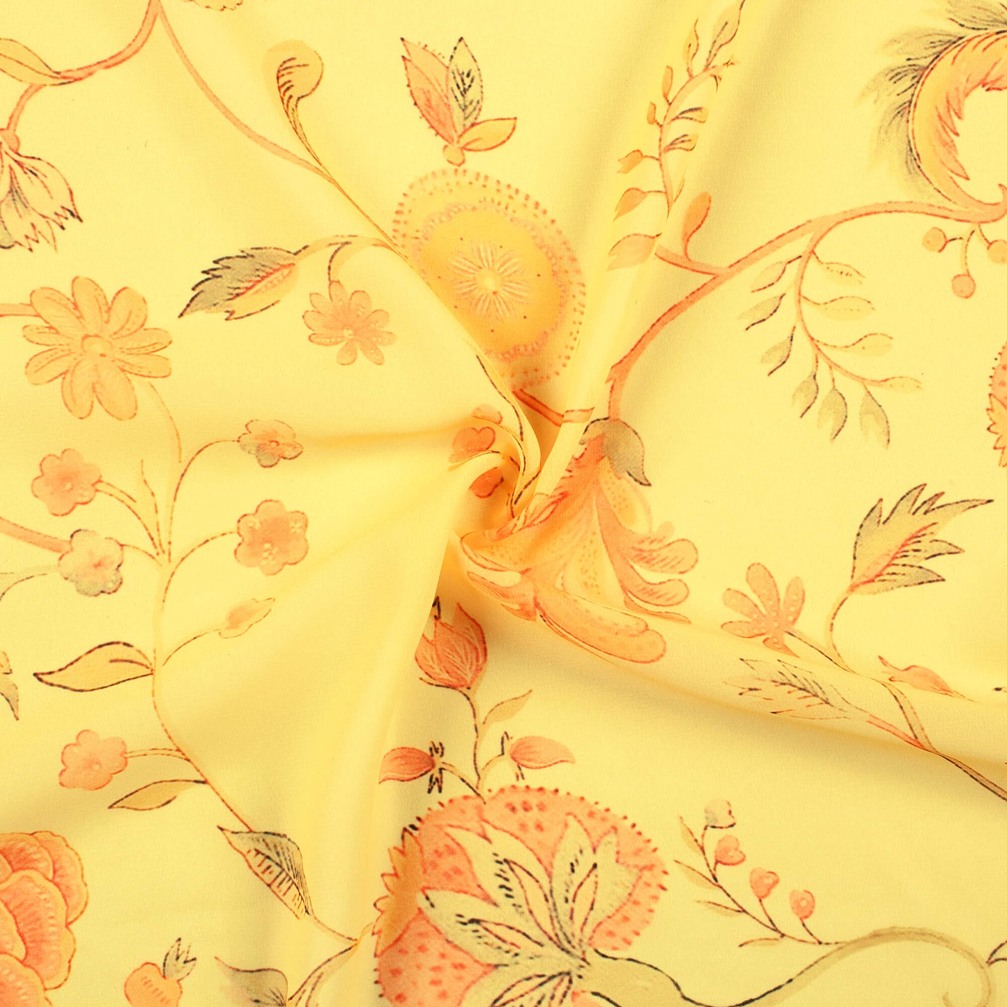 Mellow Yellow And Salmon Orange Floral Pattern Digital Print Georgette Fabric