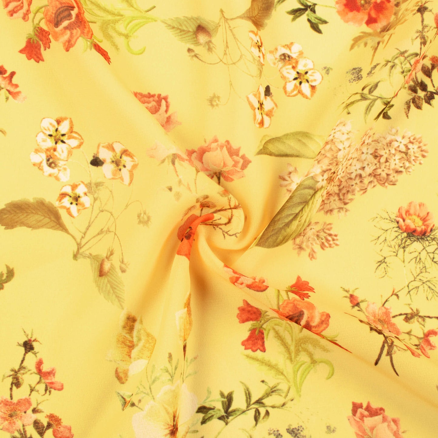 Mellow Yellow And Coral Peach Floral Pattern Digital Print Georgette Fabric