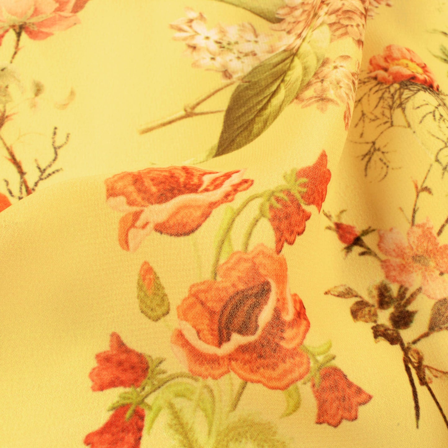Mellow Yellow And Coral Peach Floral Pattern Digital Print Georgette Fabric