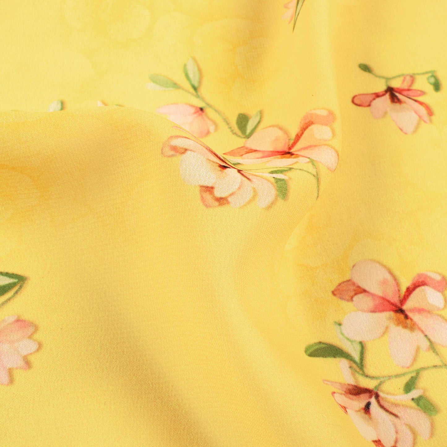 Mellow Yellow And White Floral Pattern Digital Print Georgette Fabric