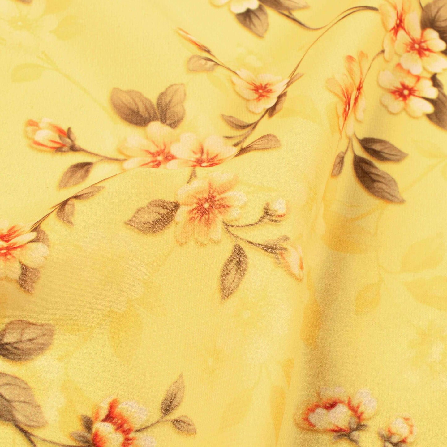 Mellow Yellow And Salmon Peach Floral Pattern Digital Print Georgette Fabric