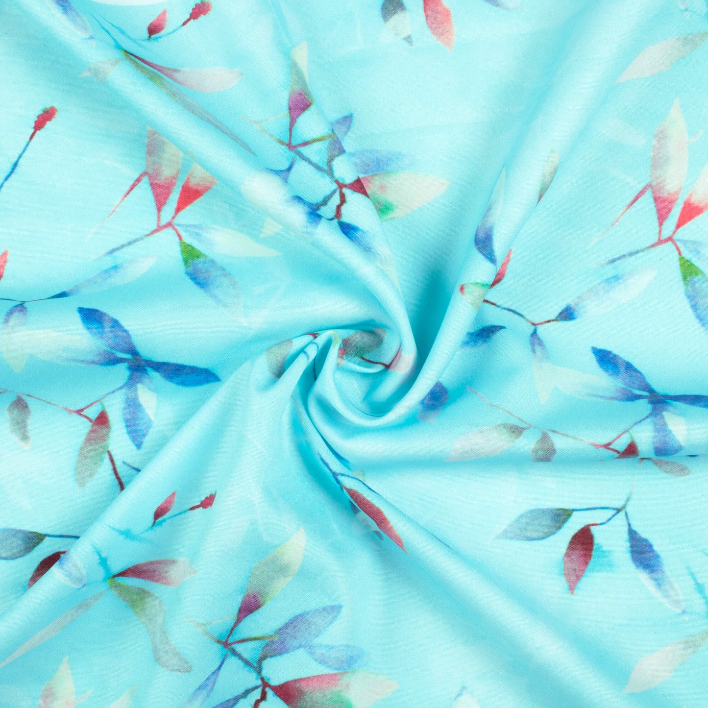 Sky Blue And Red Leaf Pattern Digital Print Ultra Premium Butter Crepe Fabric