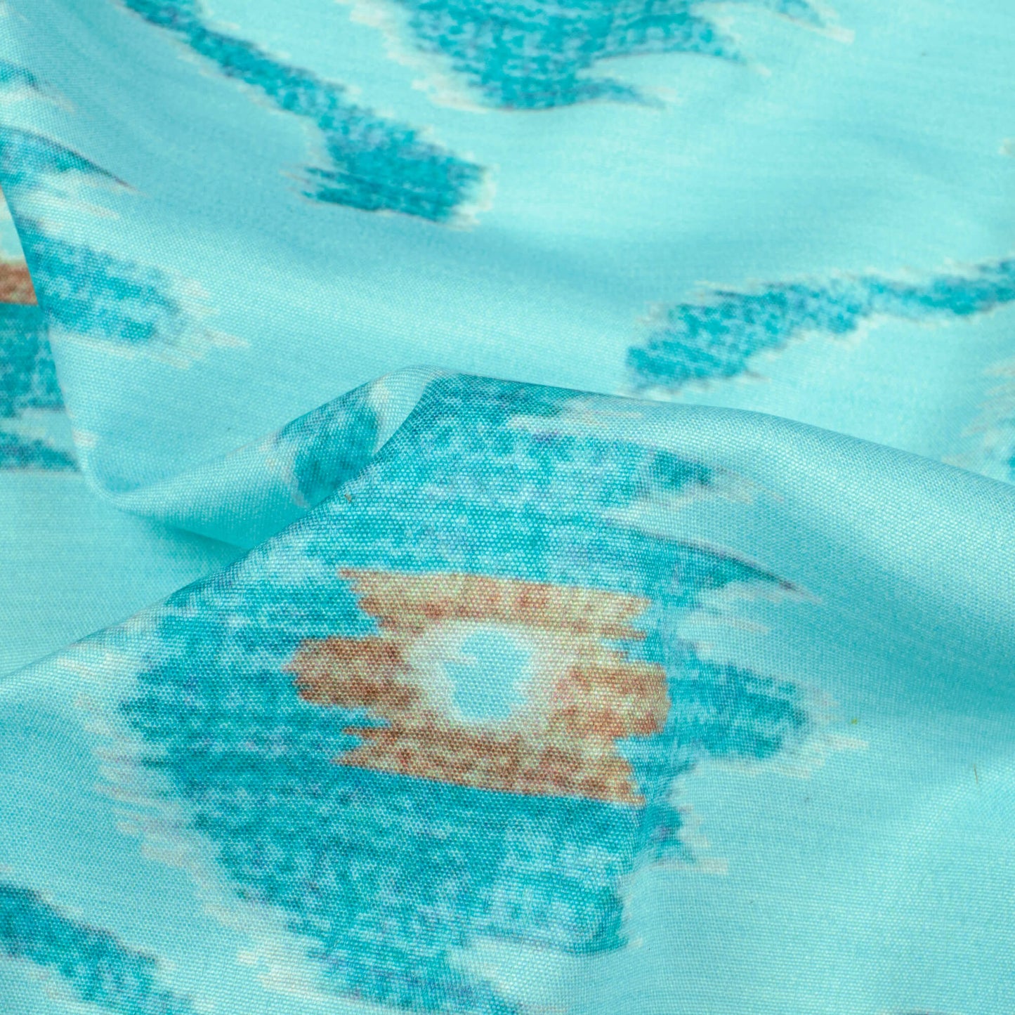 Sky Blue And Sienna Brown Ikkat Pattern Digital Print Ultra Premium Butter Crepe Fabric