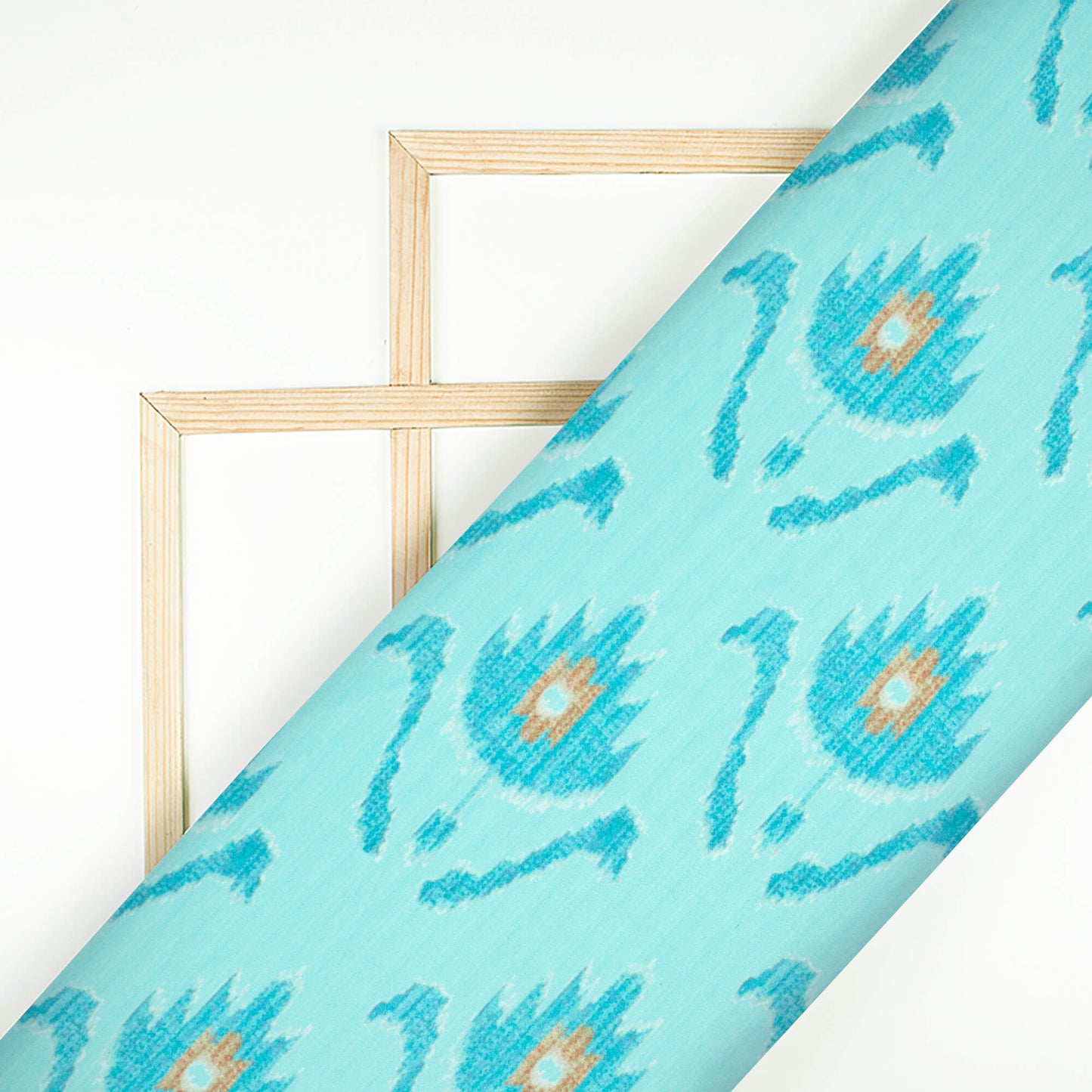 Sky Blue And Sienna Brown Ikkat Pattern Digital Print Ultra Premium Butter Crepe Fabric