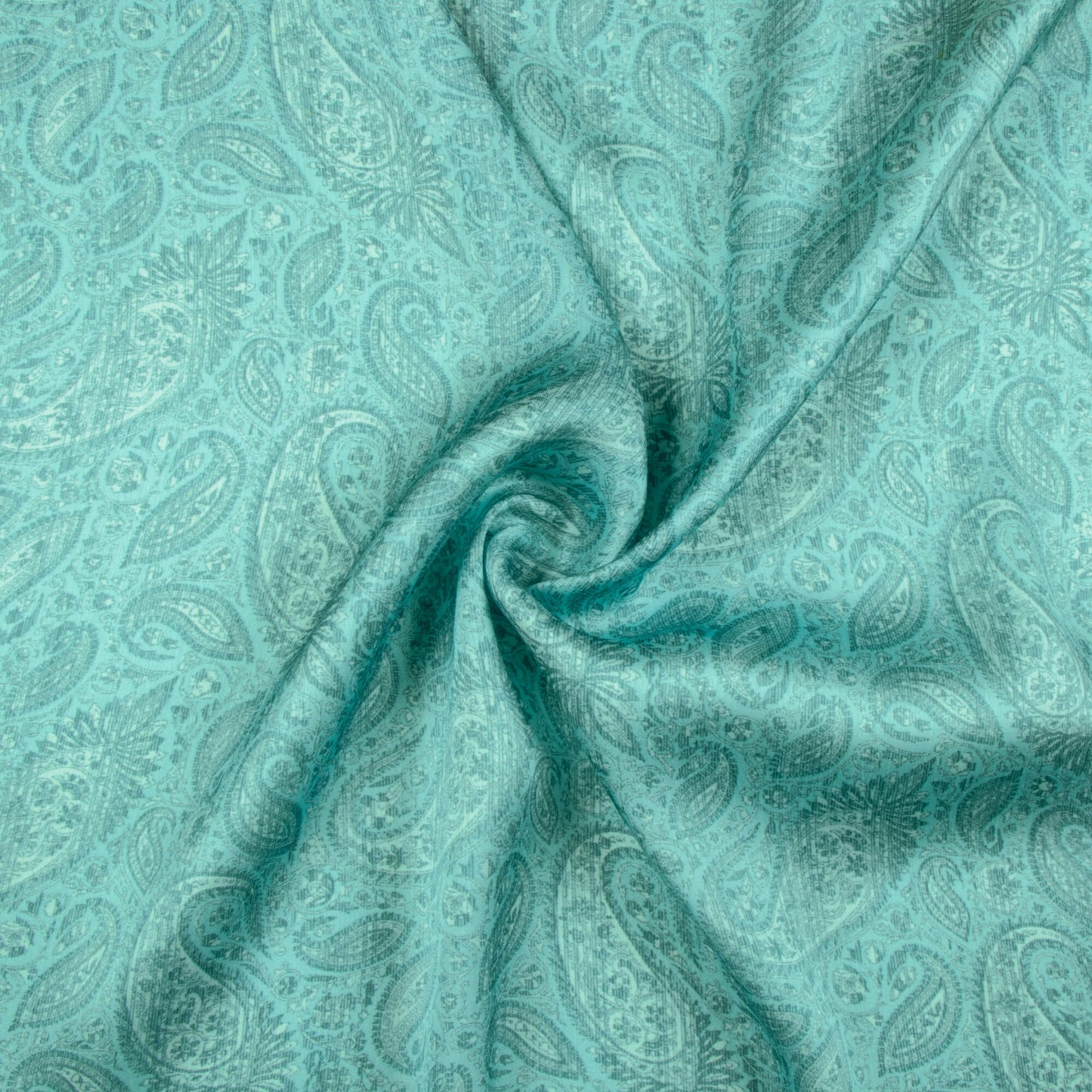 Sky Blue And White Paisley Pattern Digital Print Chiffon Satin Fabric