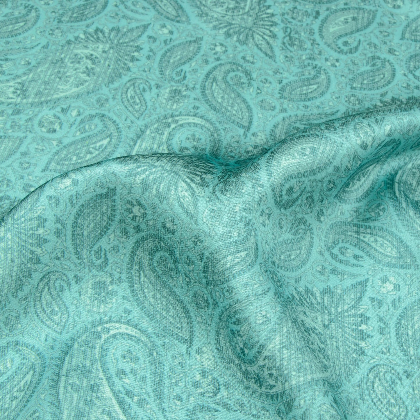 Sky Blue And White Paisley Pattern Digital Print Chiffon Satin Fabric