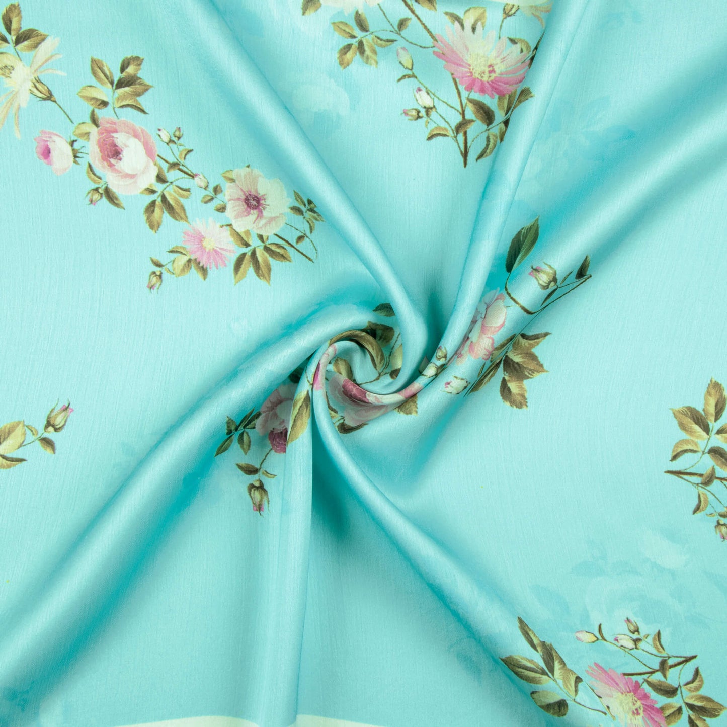 Sky Blue And Army Green Floral Pattern Digital Print Chiffon Satin Fabric