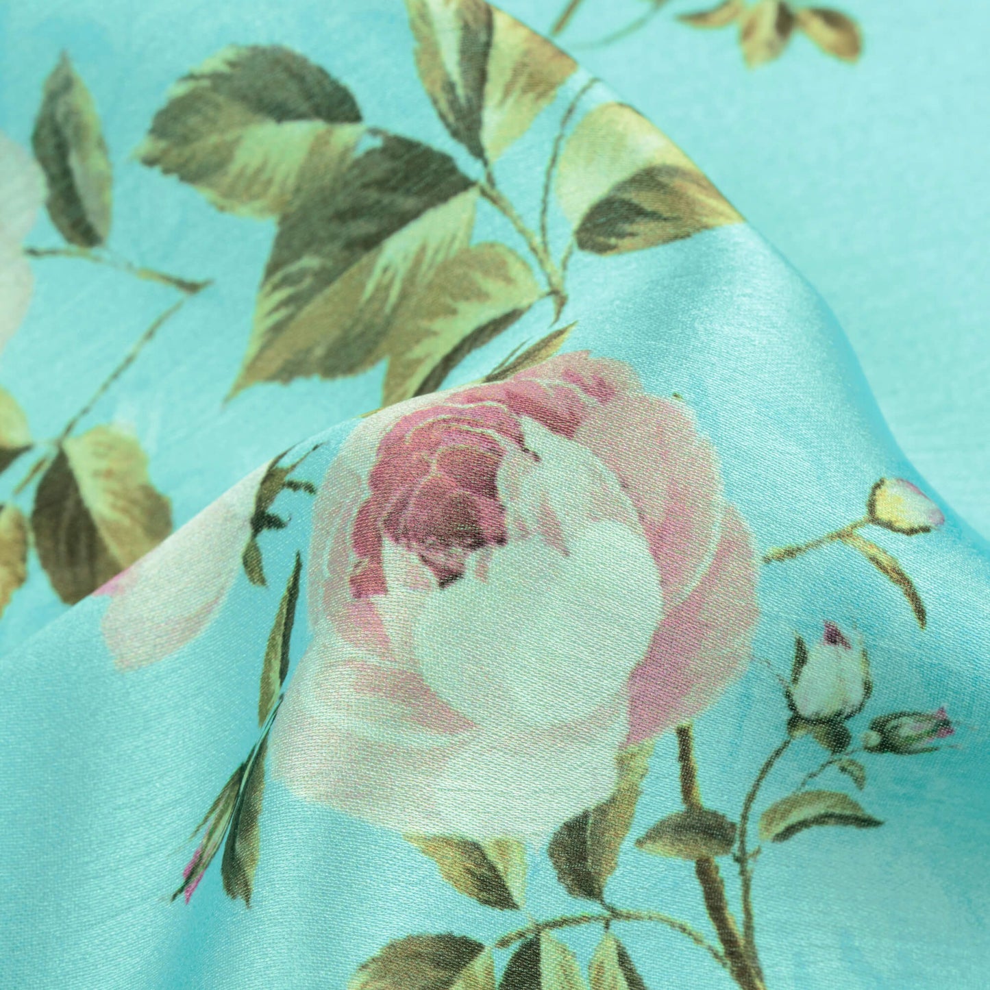 Sky Blue And Army Green Floral Pattern Digital Print Chiffon Satin Fabric