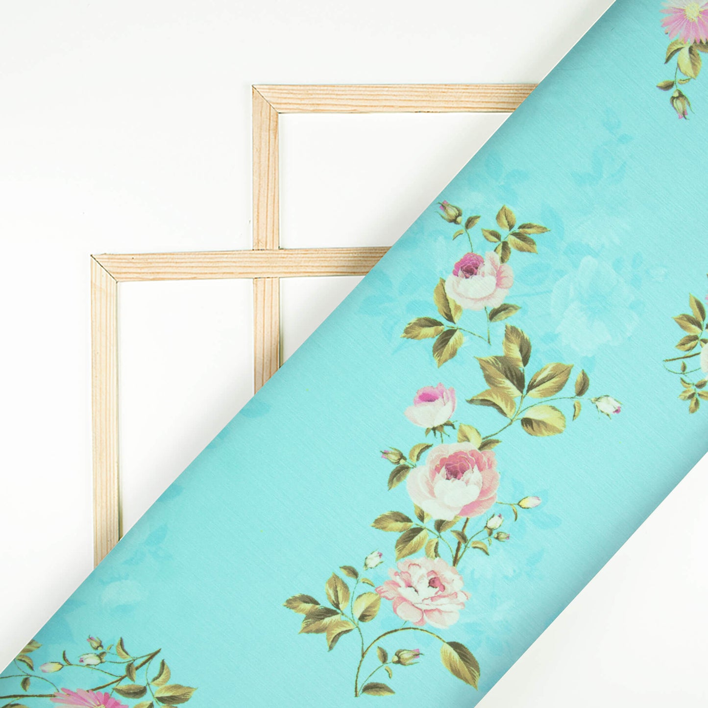 Sky Blue And Army Green Floral Pattern Digital Print Chiffon Satin Fabric