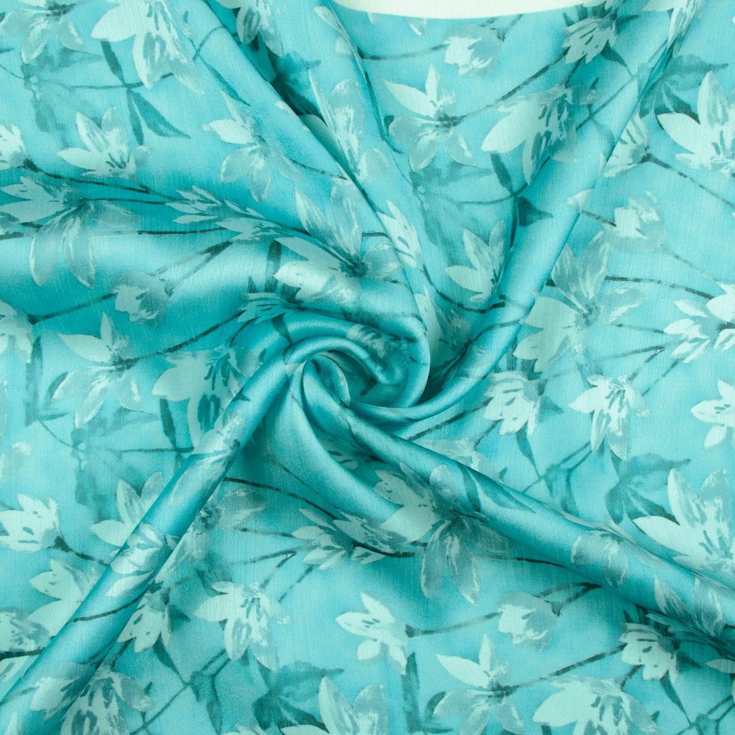 Sky Blue Floral Pattern Digital Print Chiffon Satin Fabric