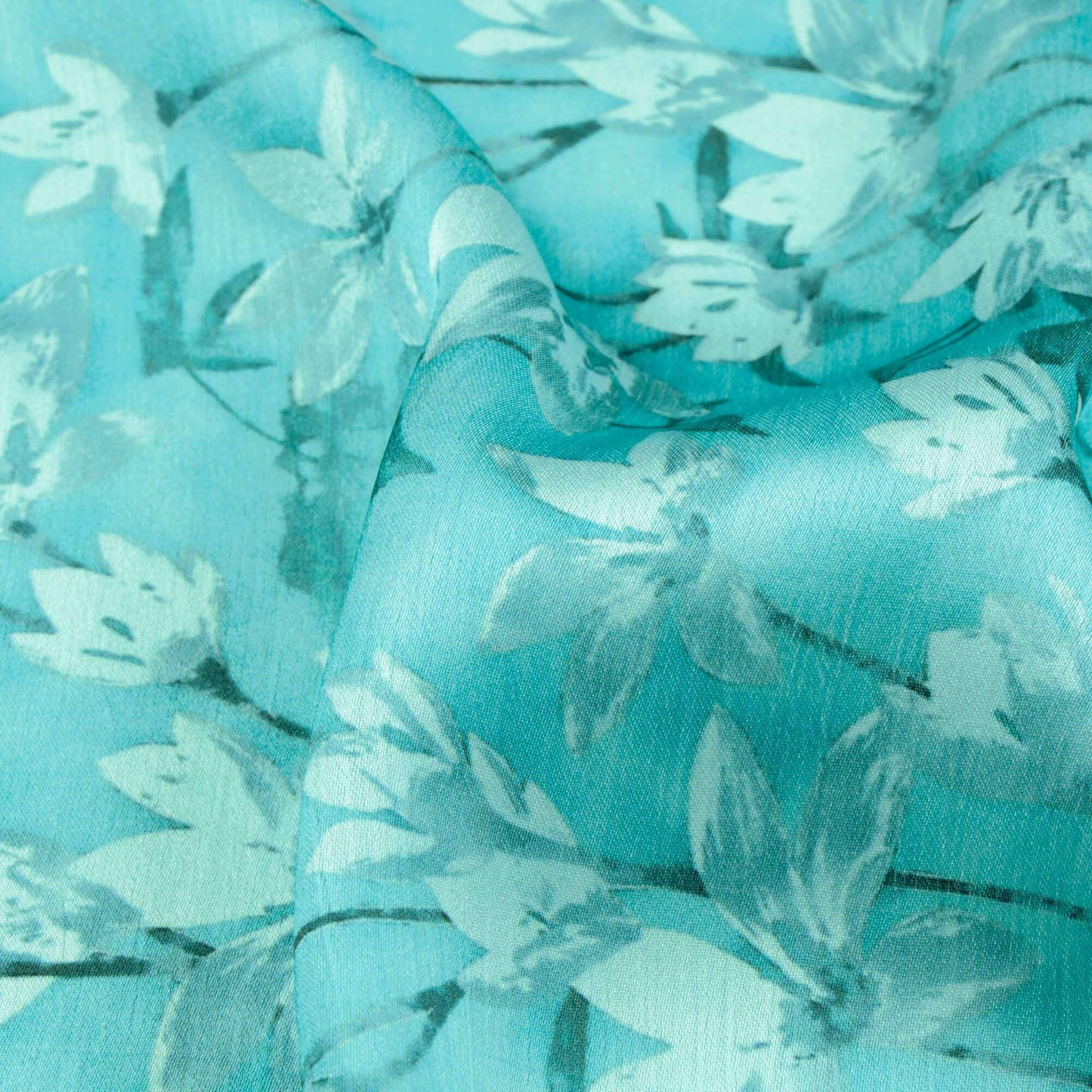 Sky Blue Floral Pattern Digital Print Chiffon Satin Fabric