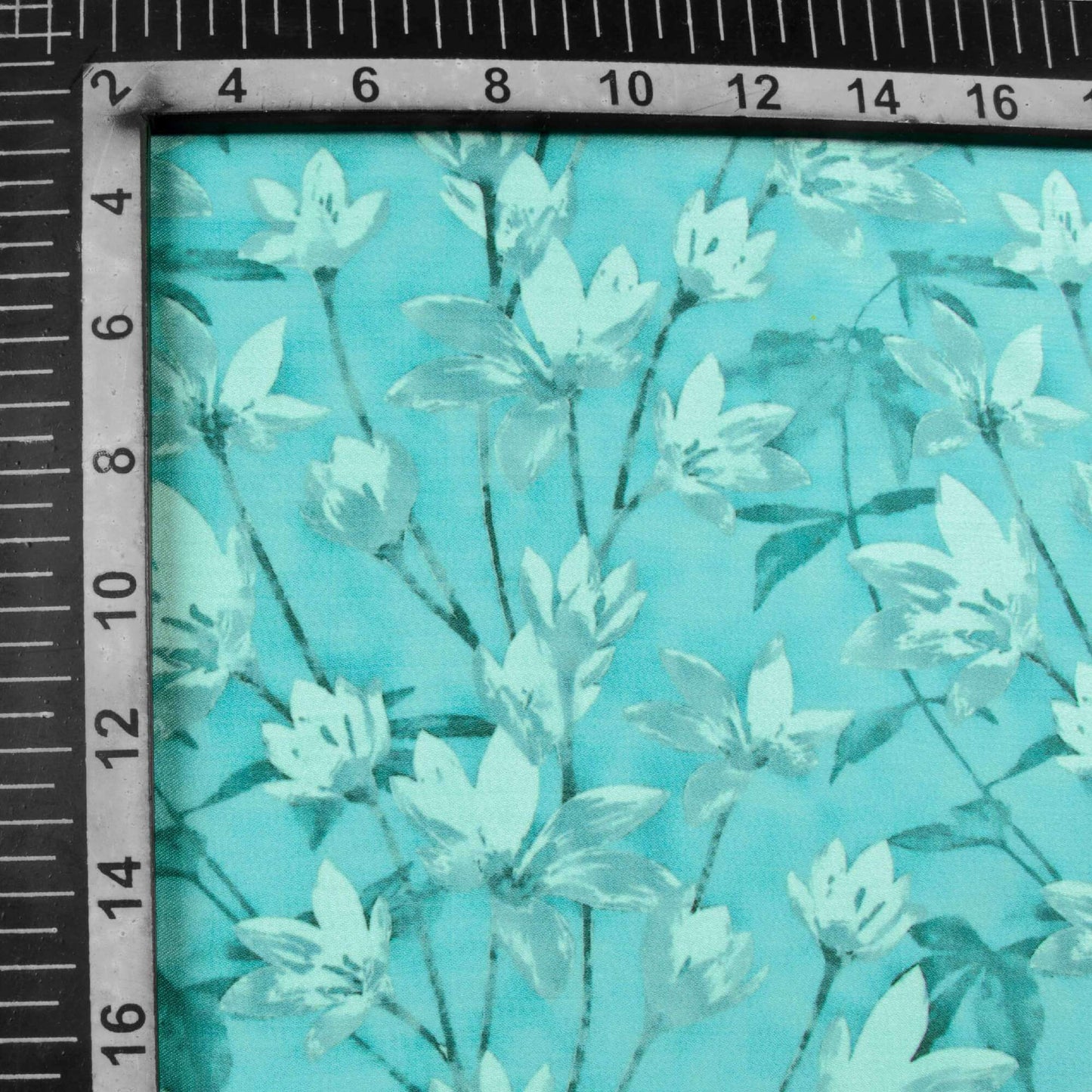 Sky Blue Floral Pattern Digital Print Chiffon Satin Fabric