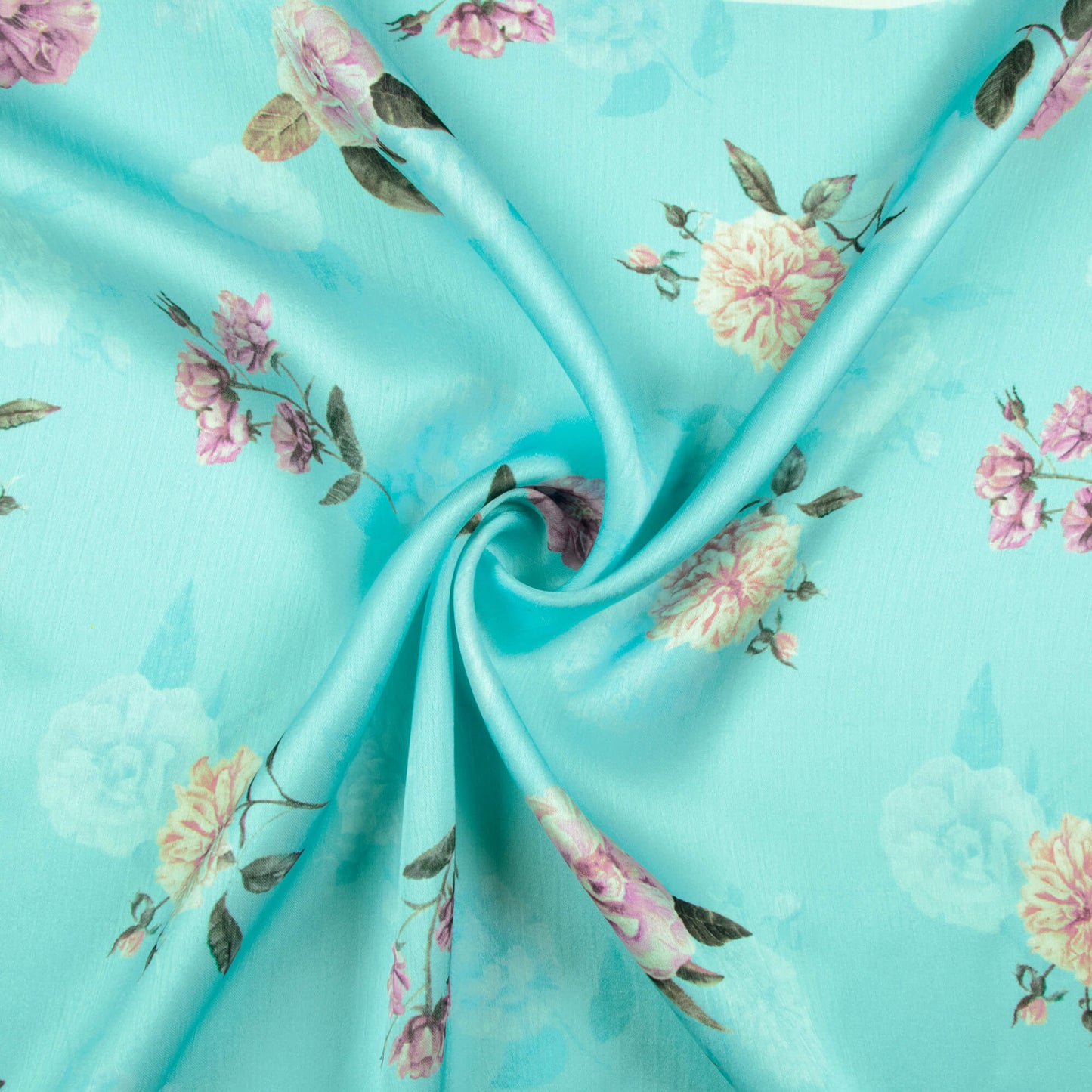 Sky Blue And Taffy Pink Floral Pattern Digital Print Chiffon Satin Fabric