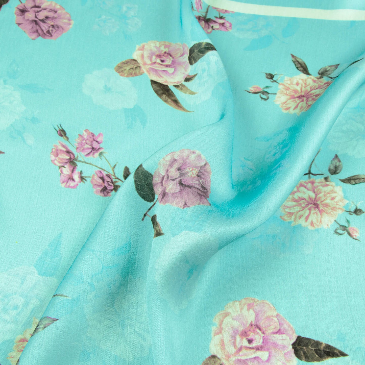 Sky Blue And Taffy Pink Floral Pattern Digital Print Chiffon Satin Fabric