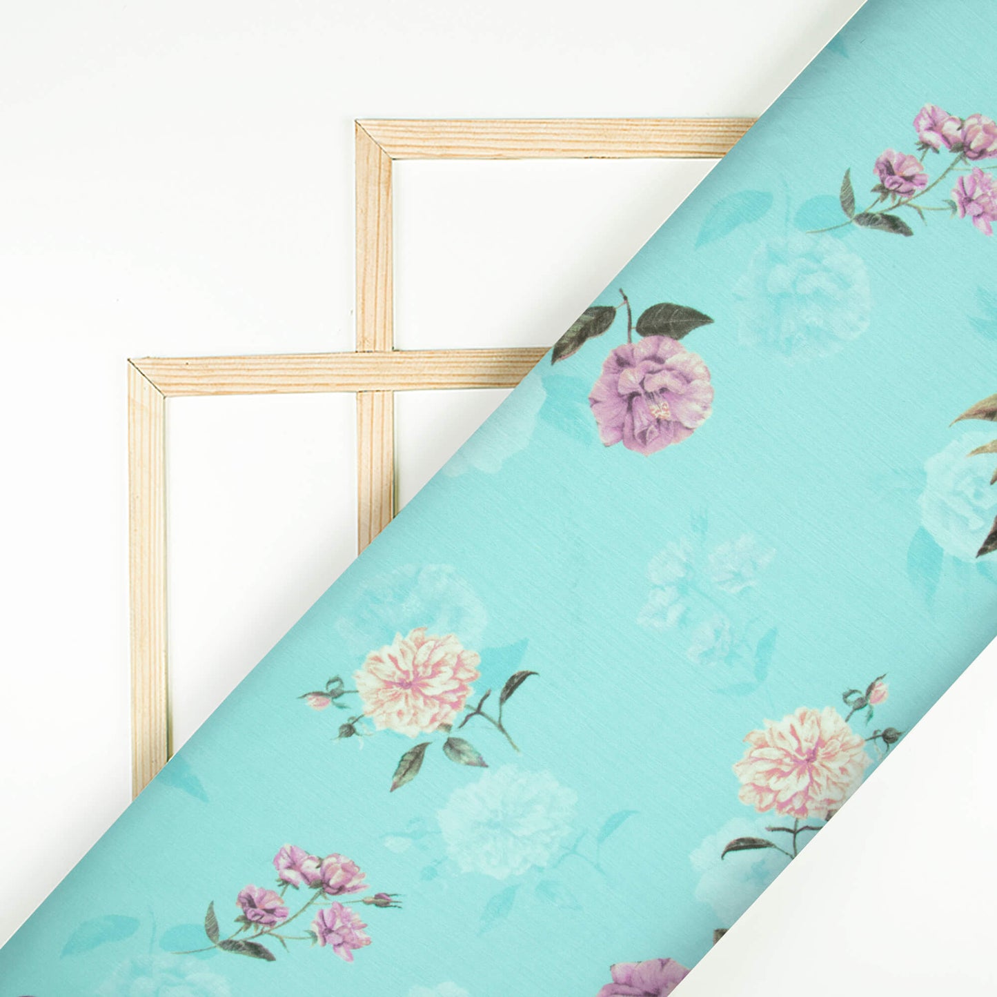 Sky Blue And Taffy Pink Floral Pattern Digital Print Chiffon Satin Fabric